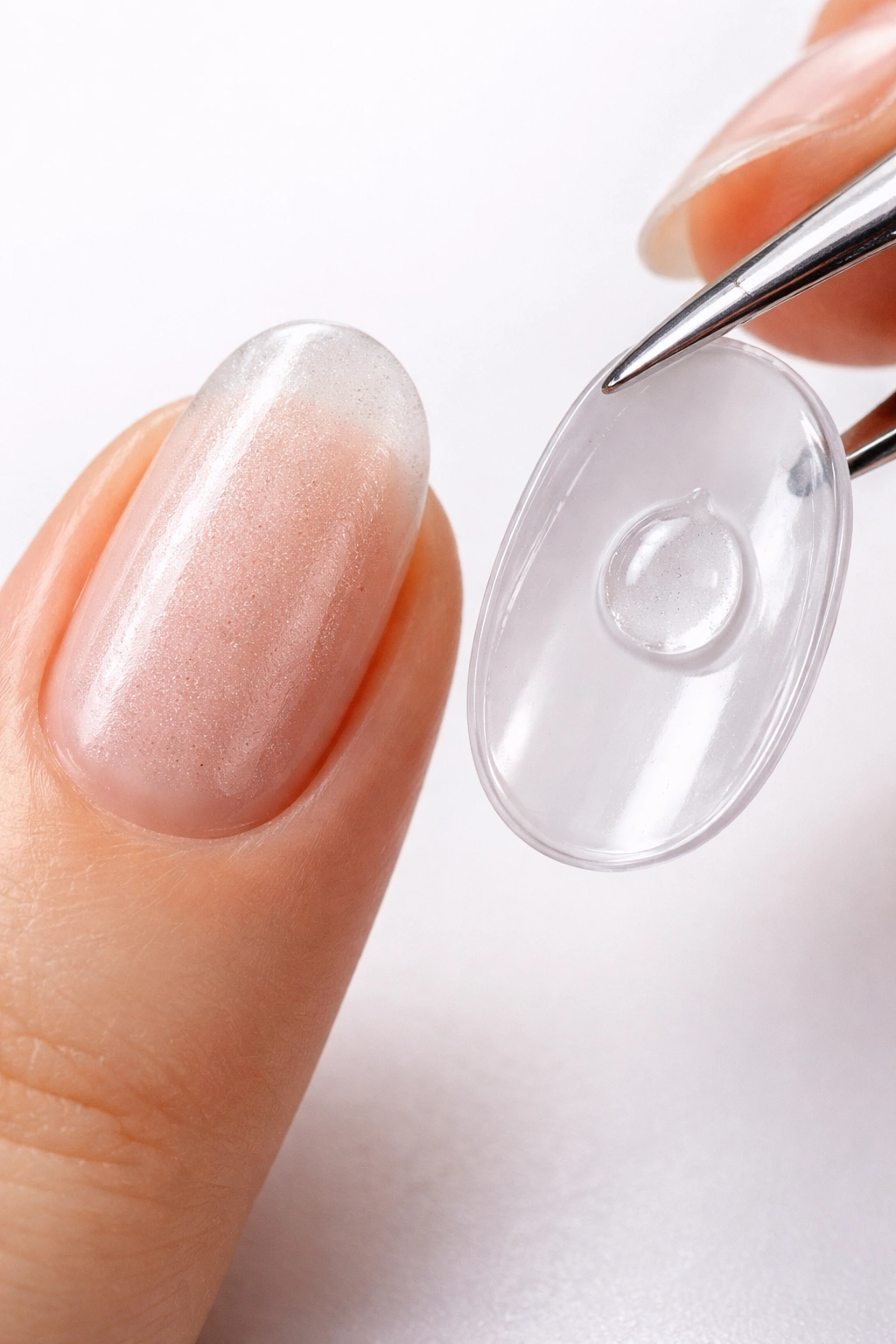 Macro view of glue applied to natural nail and press-on underside for bonding