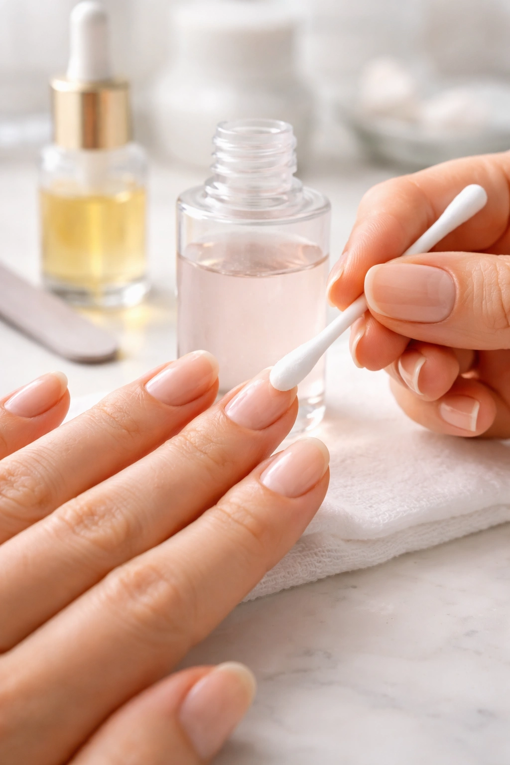Close-up of hands applying toner to nails with a cotton swab