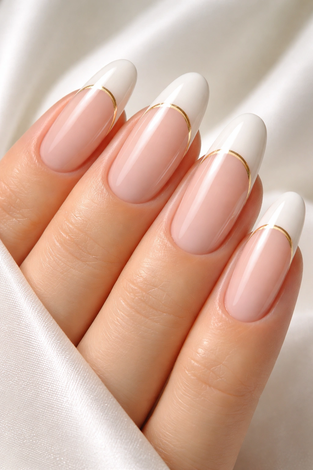 Long round nails with subtle gold accent between base and tip