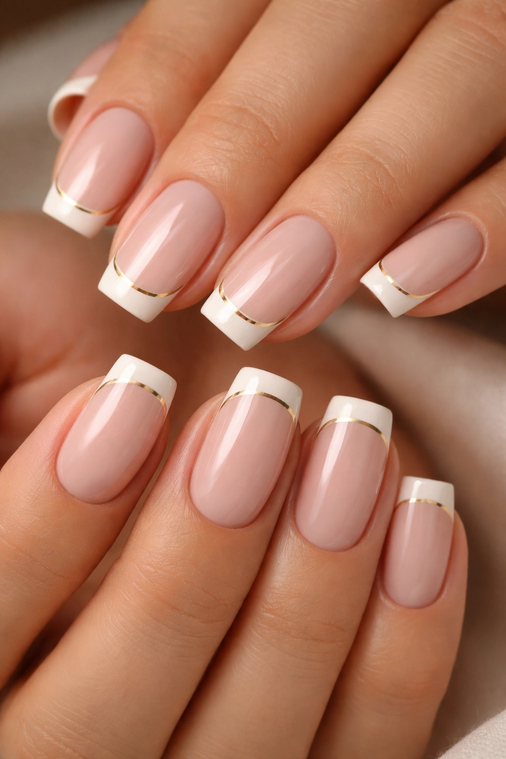 Close-up of nails with white tips and gold accent on soft square nails