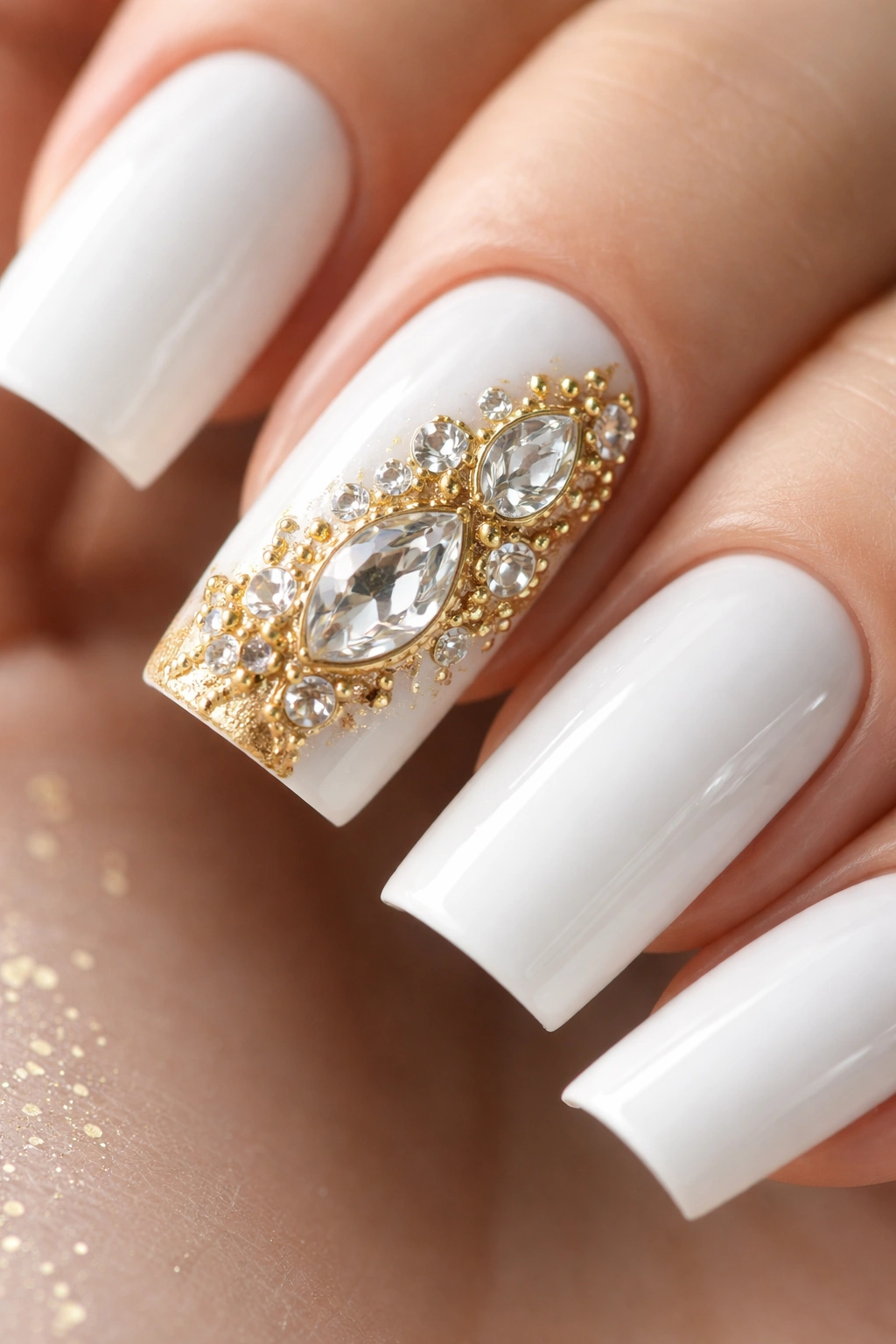 Accent nail with crystals and gold detailing on white polish