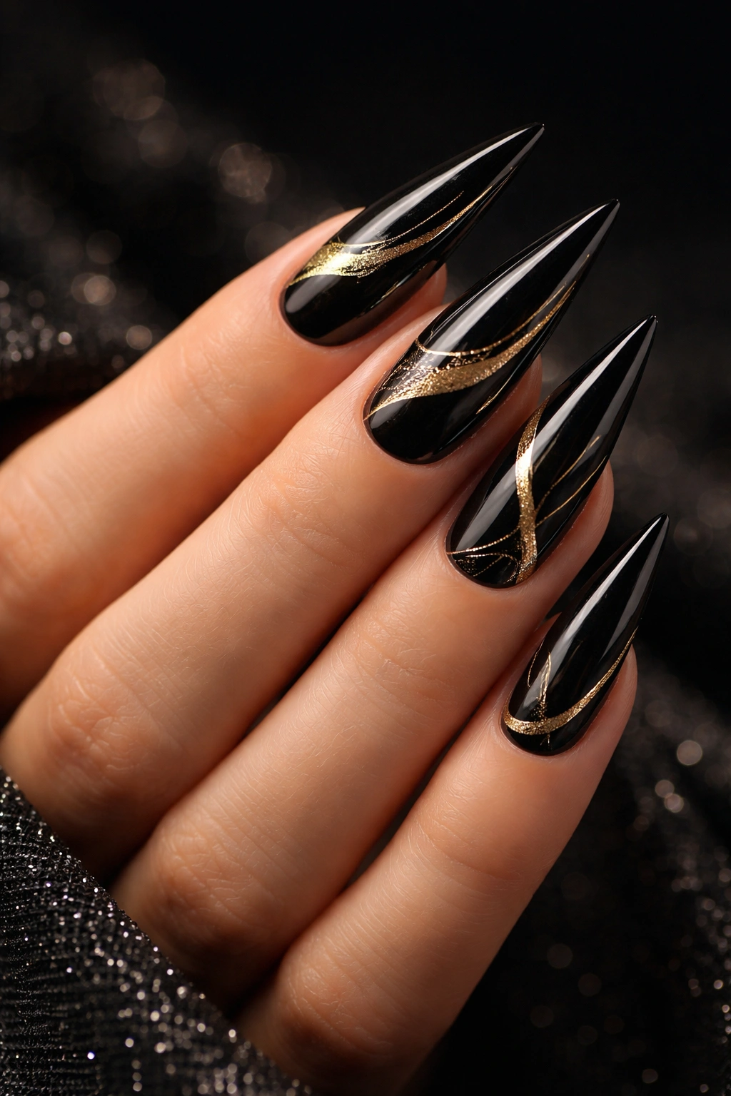 Black stiletto nails with gold metallic accents and foil details
