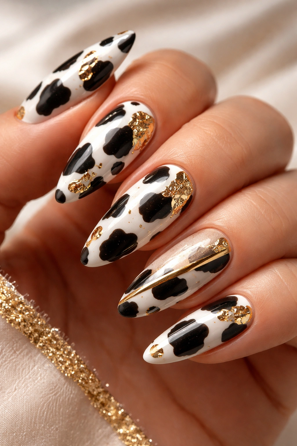 Close-up of cow print nails with gold accents