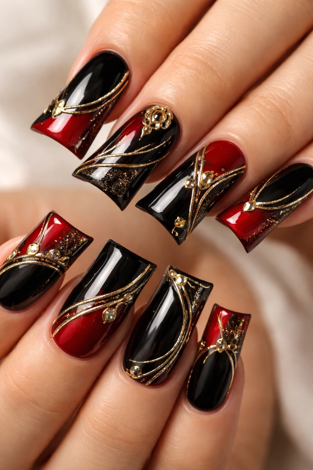 Nails in black and red with gold accents and duck motif in a studio setup