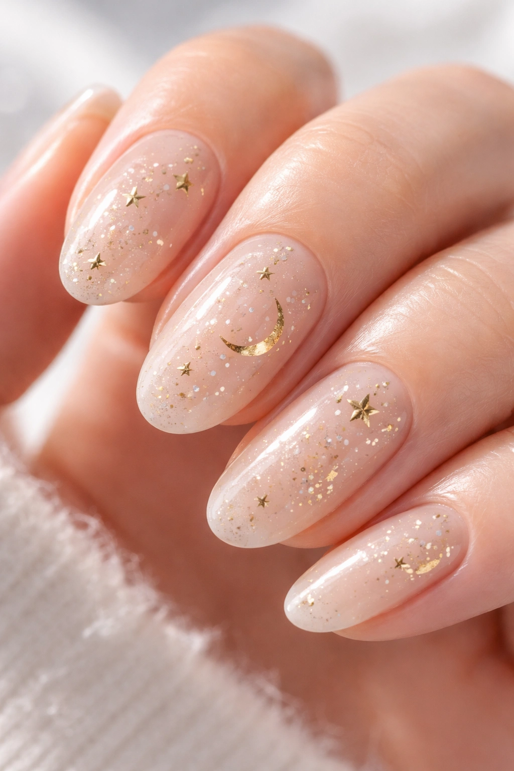 Close-up of nails with neutral base and gold accents including foil and tiny stars