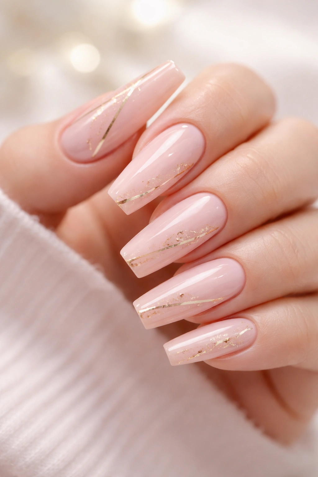 Close-up of light pink coffin nails with gold accents and a glossy finish.