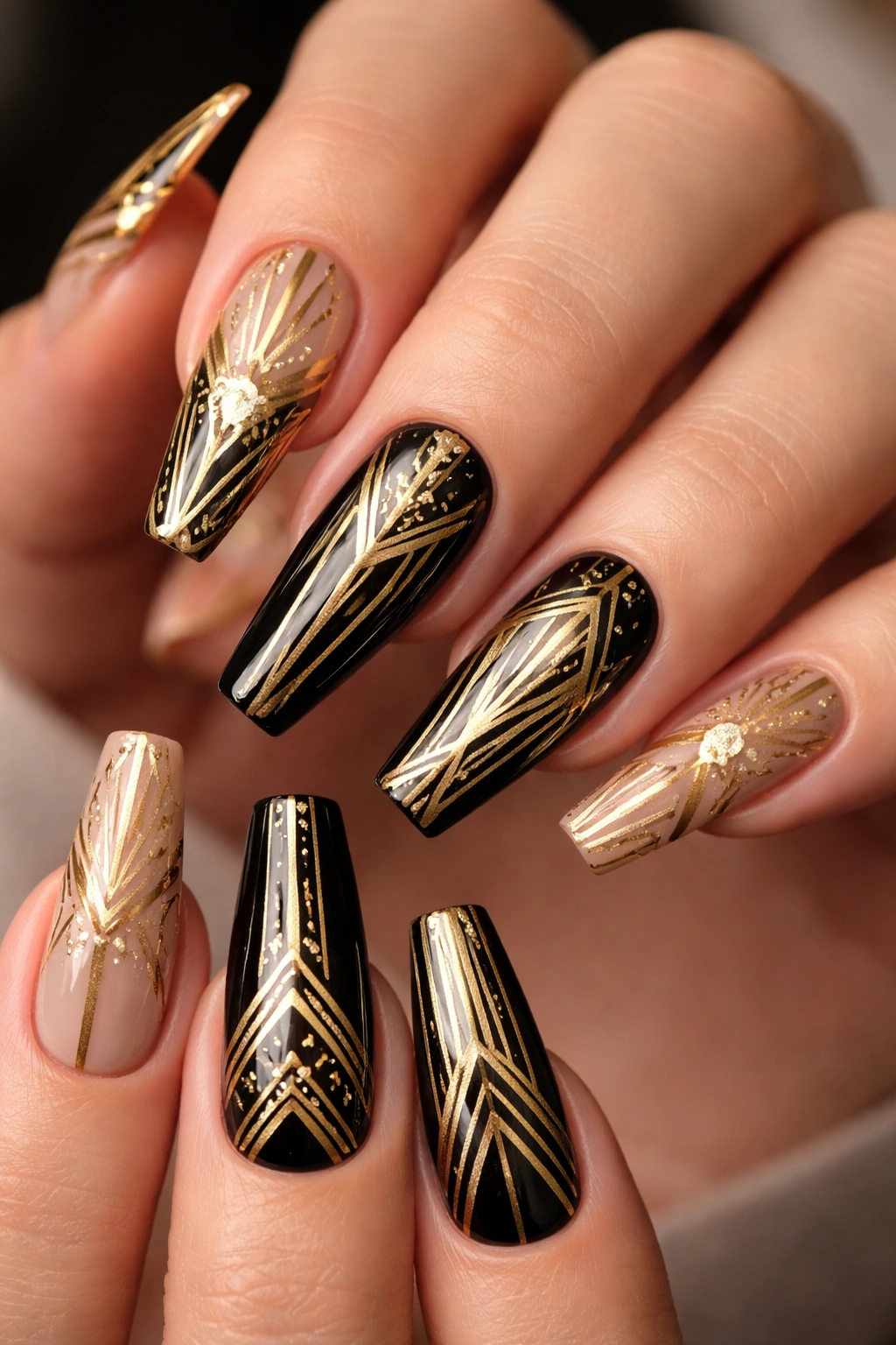 Close-up of coffin nails with gold Art Deco geometric design on nude base