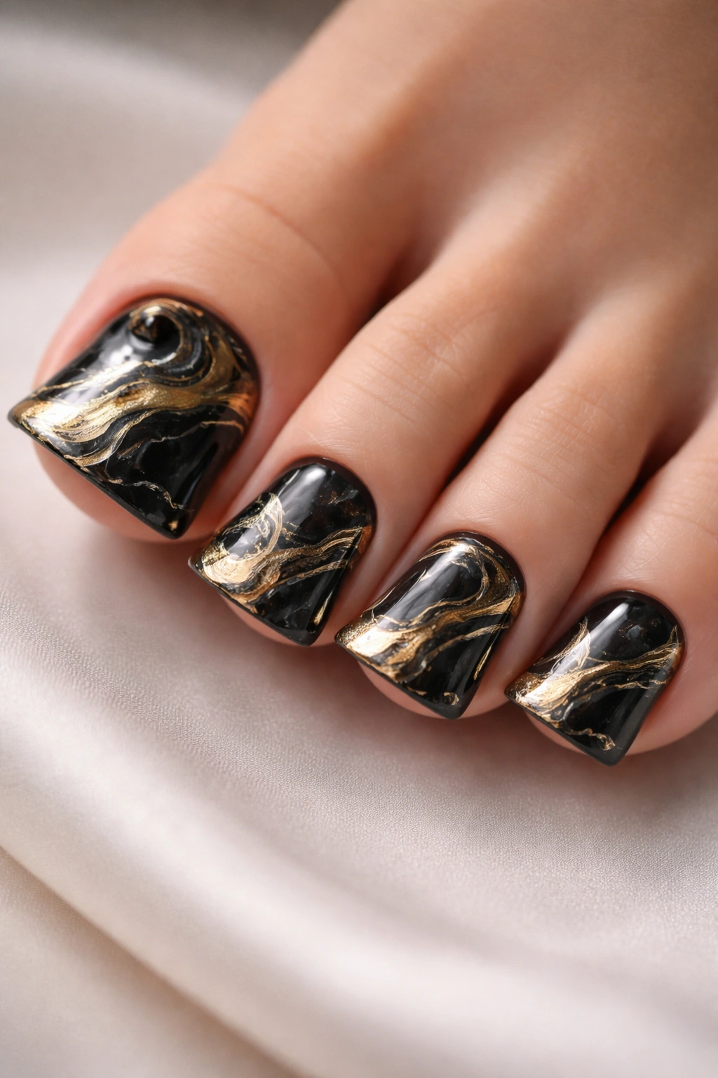 Close-up of black and gold marble duck toenails in a studio setting