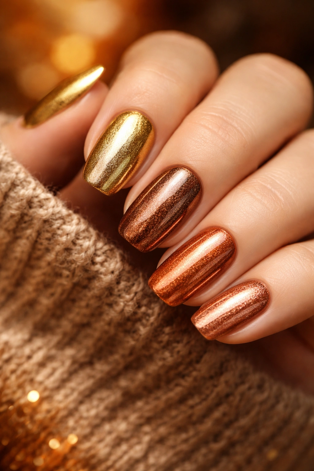 Close-up of gold, bronze, and copper metallic nails with warm lighting.