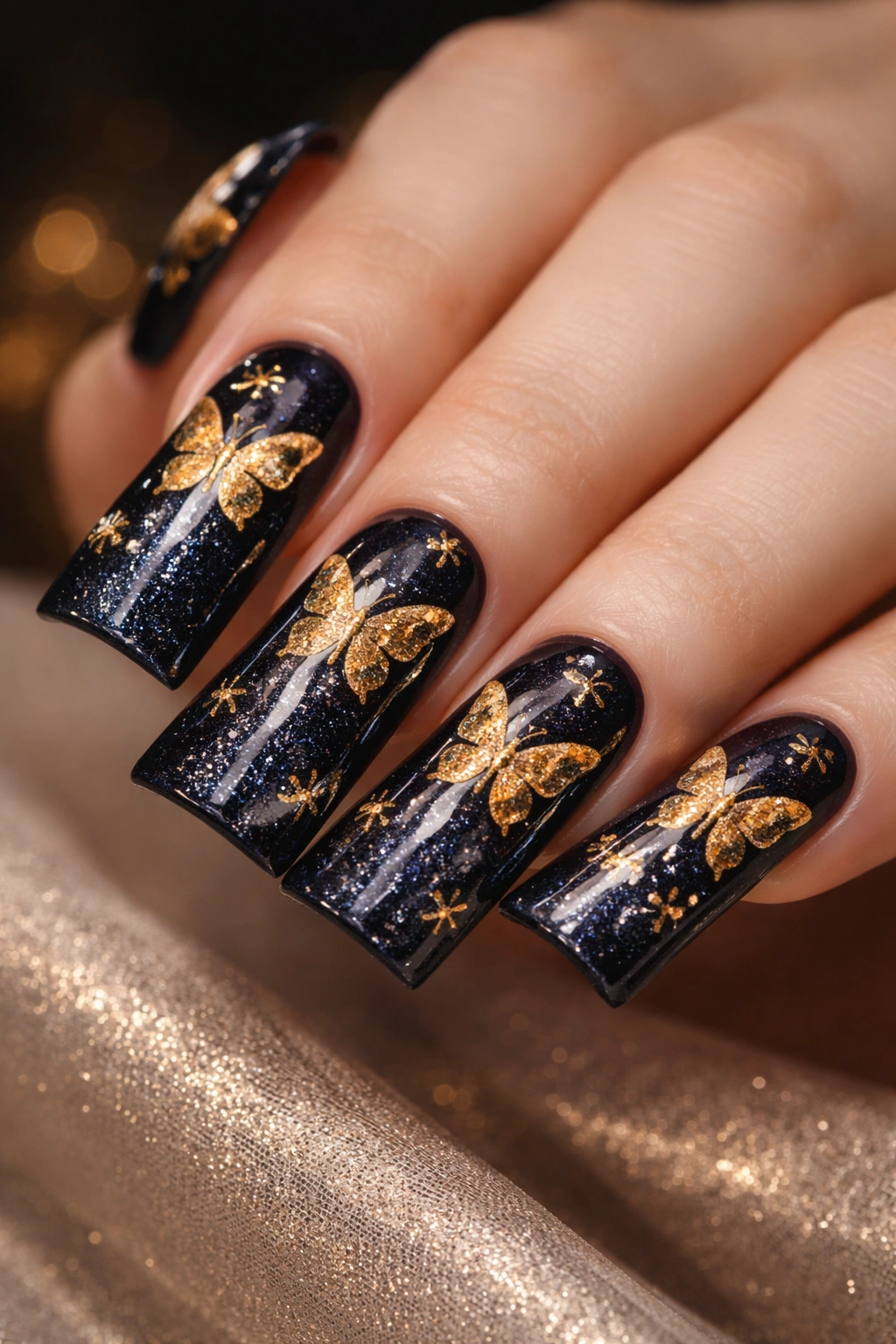 Close-up of deep navy duck nails with metallic gold butterfly accents
