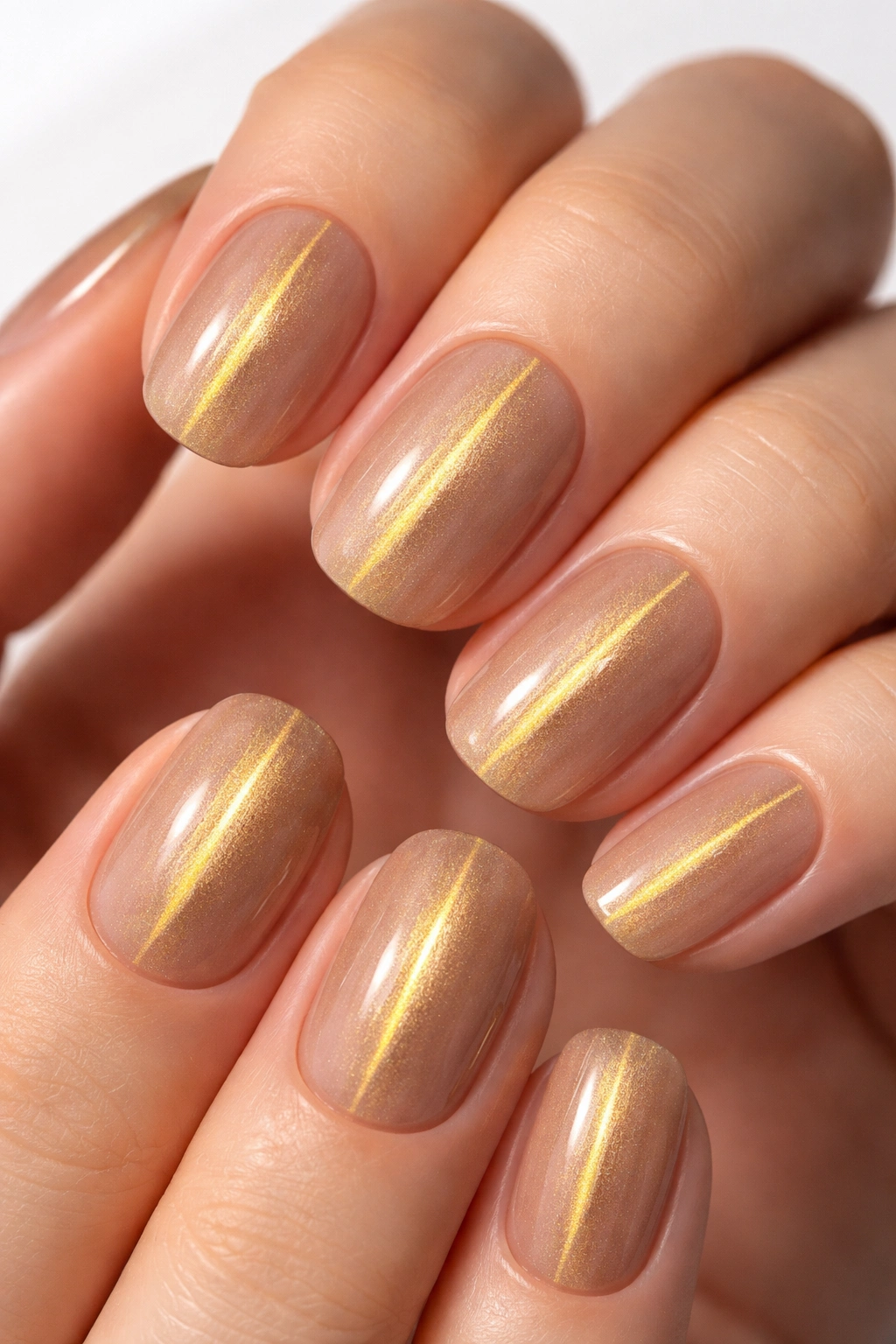 Close-up of nails with a single vertical gold cat-eye streak on each nail, minimalist manicure.