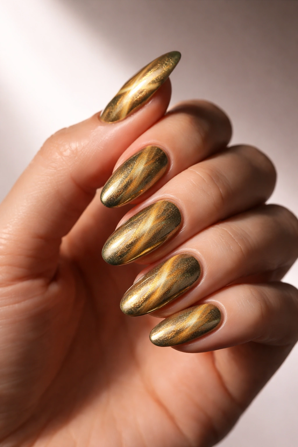 Hand with gold cat eye nails in soft studio light