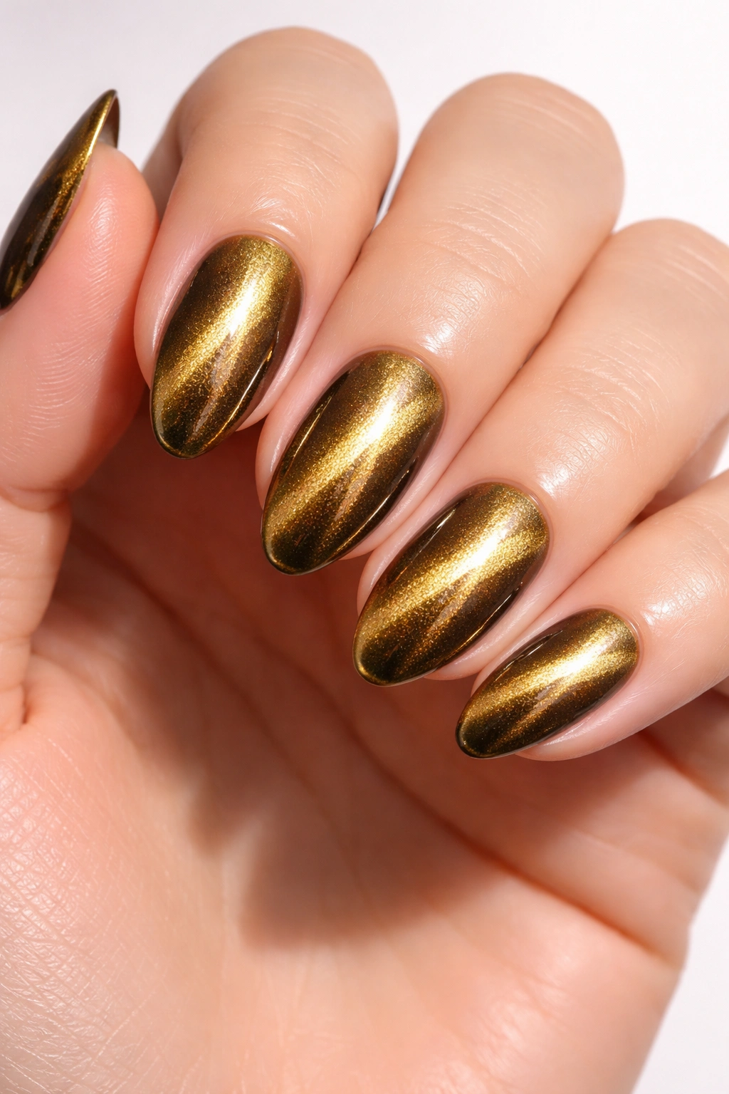 Hand with flawless gold cat eye nails and glossy finish