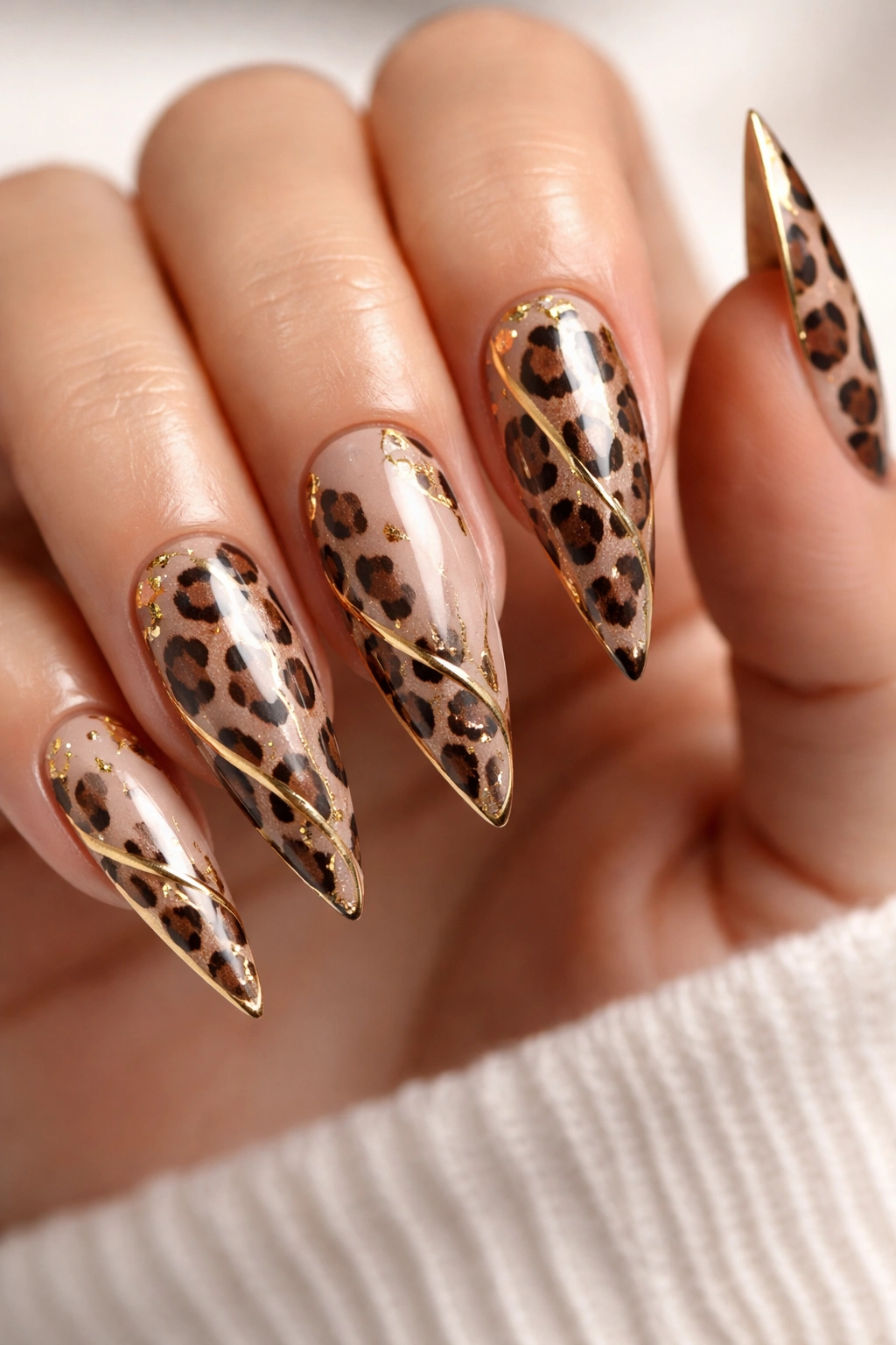 Gold-accented cheetah nails on beige base with delicate lines
