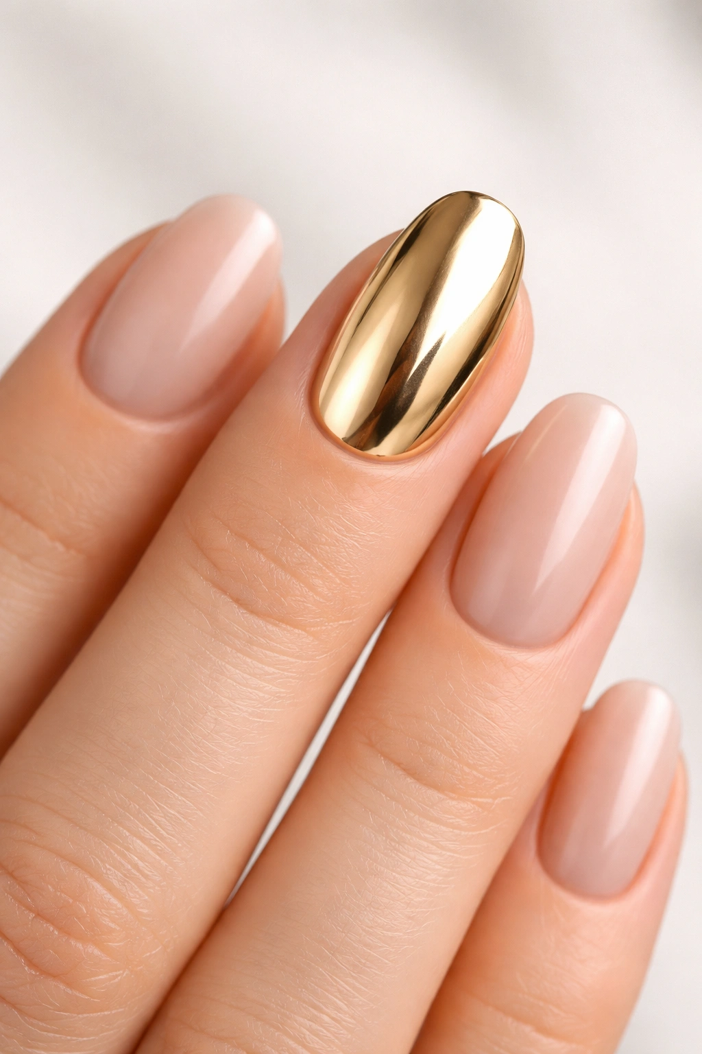Close-up of a hand with a single gold chrome accent nail against a neutral background