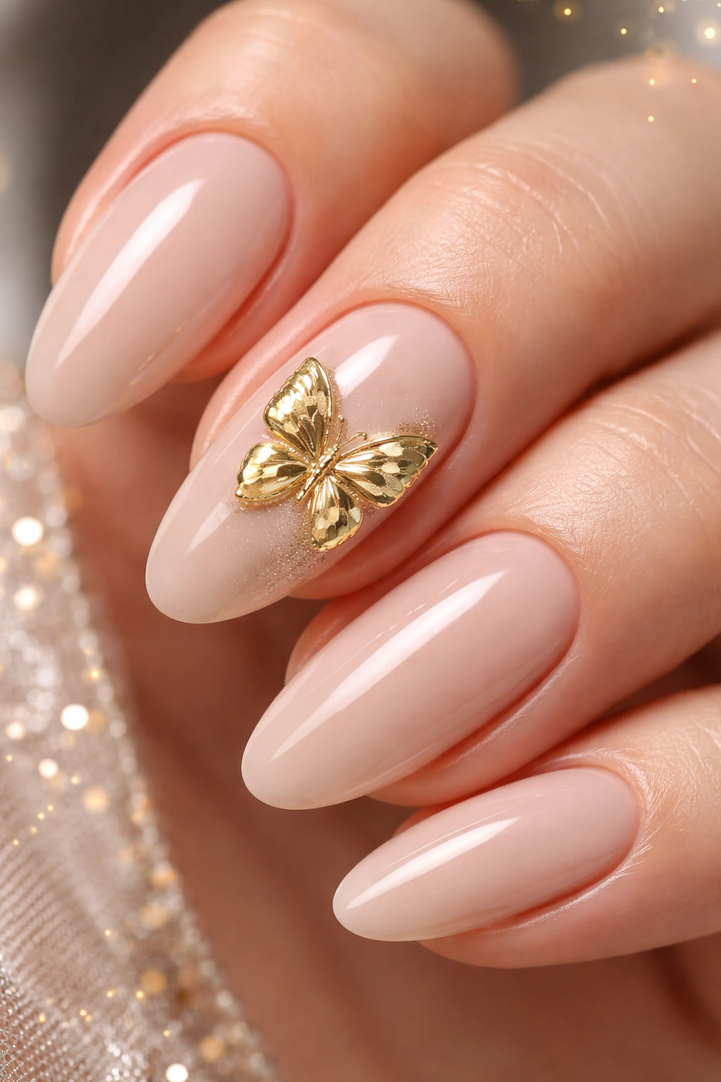 Nail with gold chrome butterfly accent on accent nail