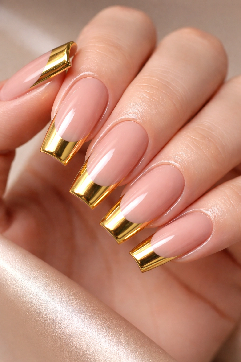 Close-up of gold chrome tips on nude-base squoval nails with high shine.