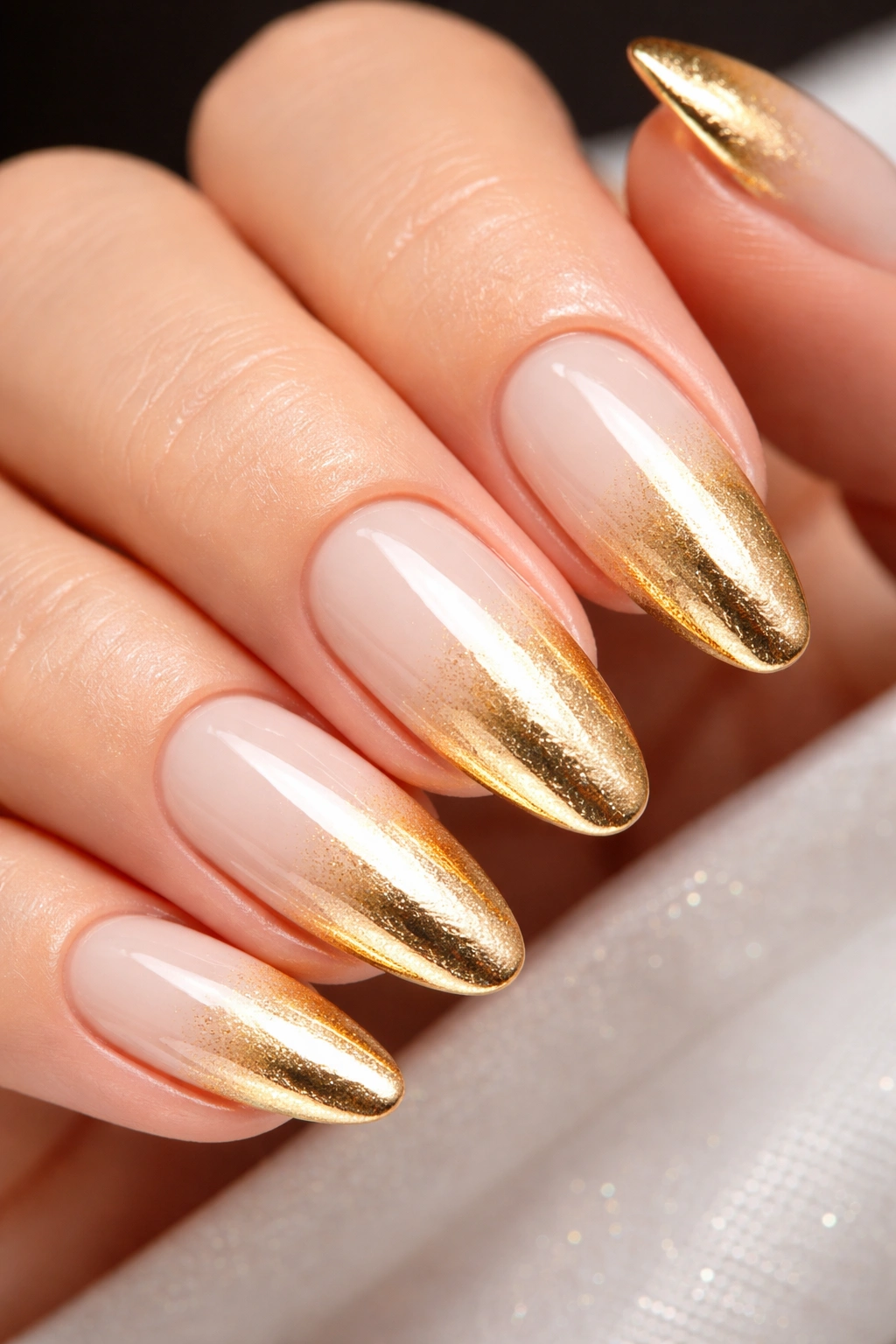 Nails with gold chrome gradient French tips on white base
