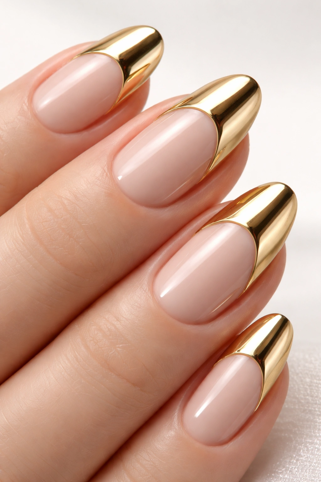 Close-up of nails with gold crescent half-moon near the cuticle