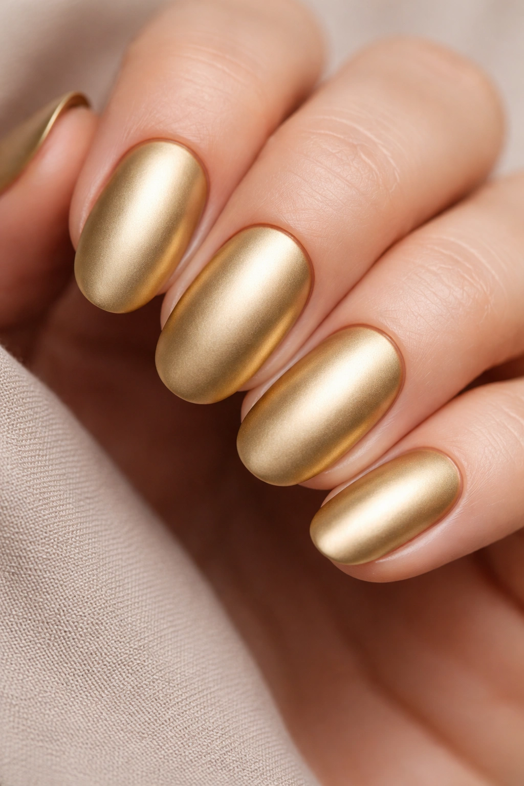 Close-up of nails with gold chrome base and matte top coat