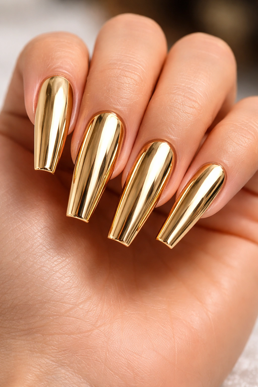 Long ballerina nails with full gold chrome mirror finish.