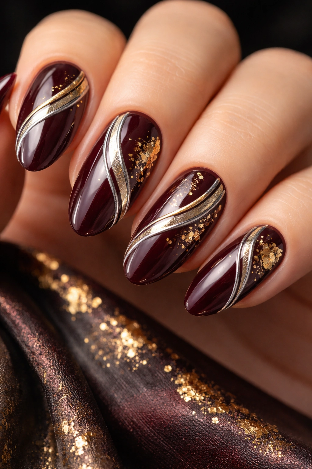 Close-up of nails with gold foil accents and chrome lines on a burgundy base
