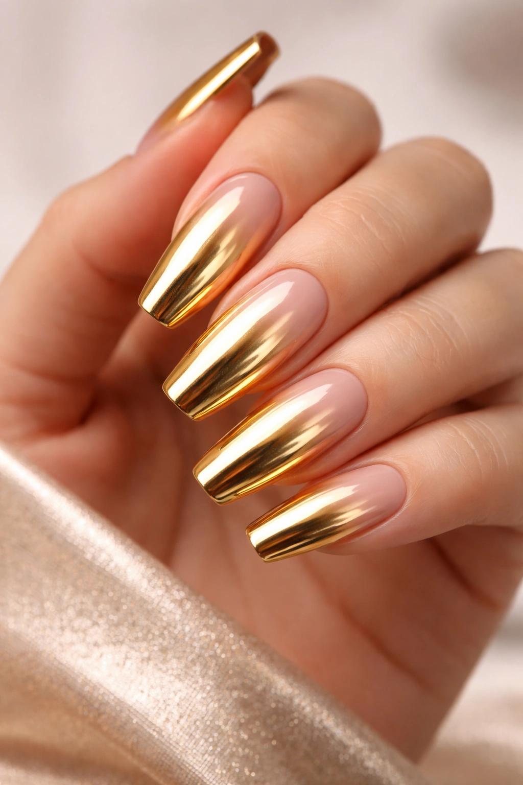 Nails with molten gold chrome finish reflecting light