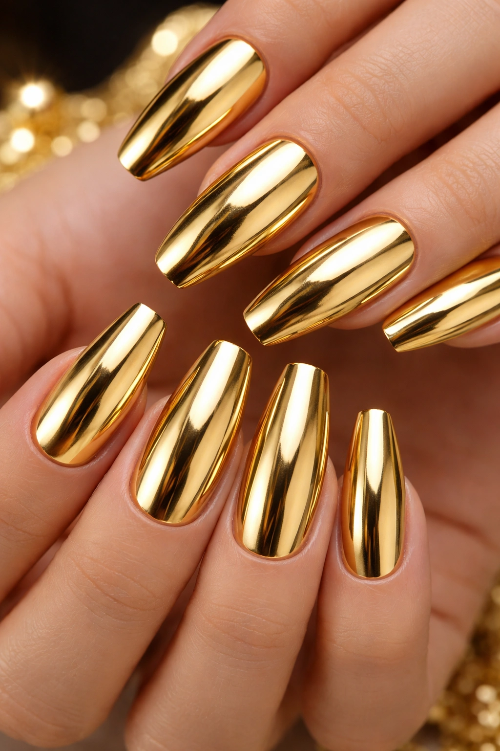 Close-up of gold chrome mirror finish nails