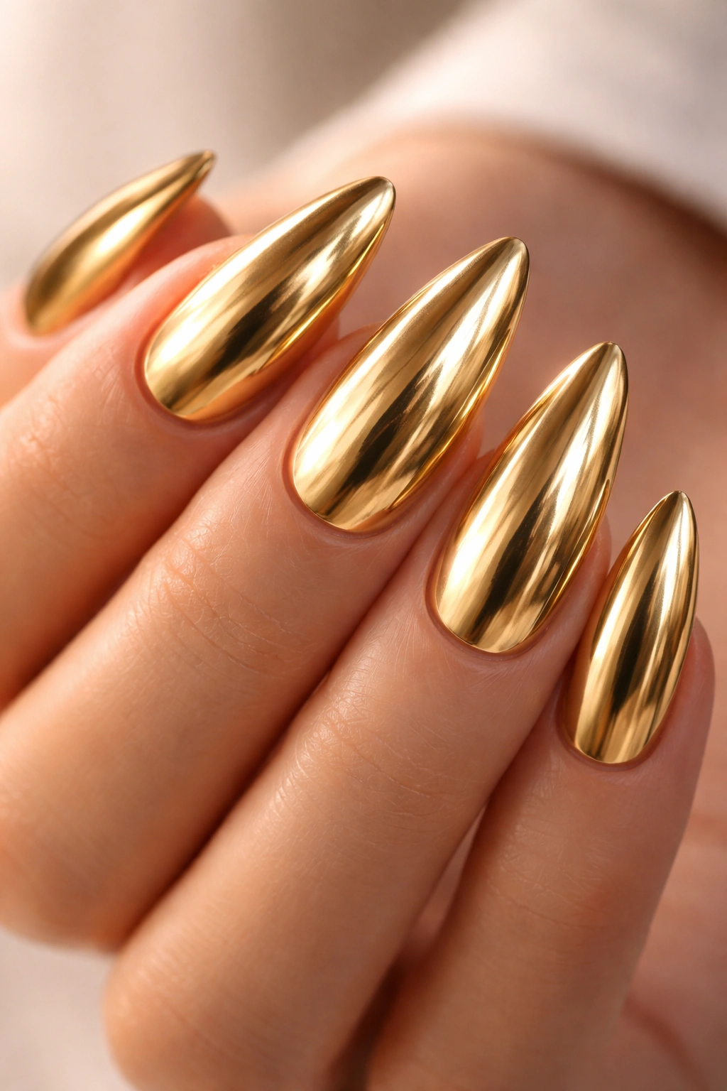 Close-up of gold chrome almond nails on neutral background.