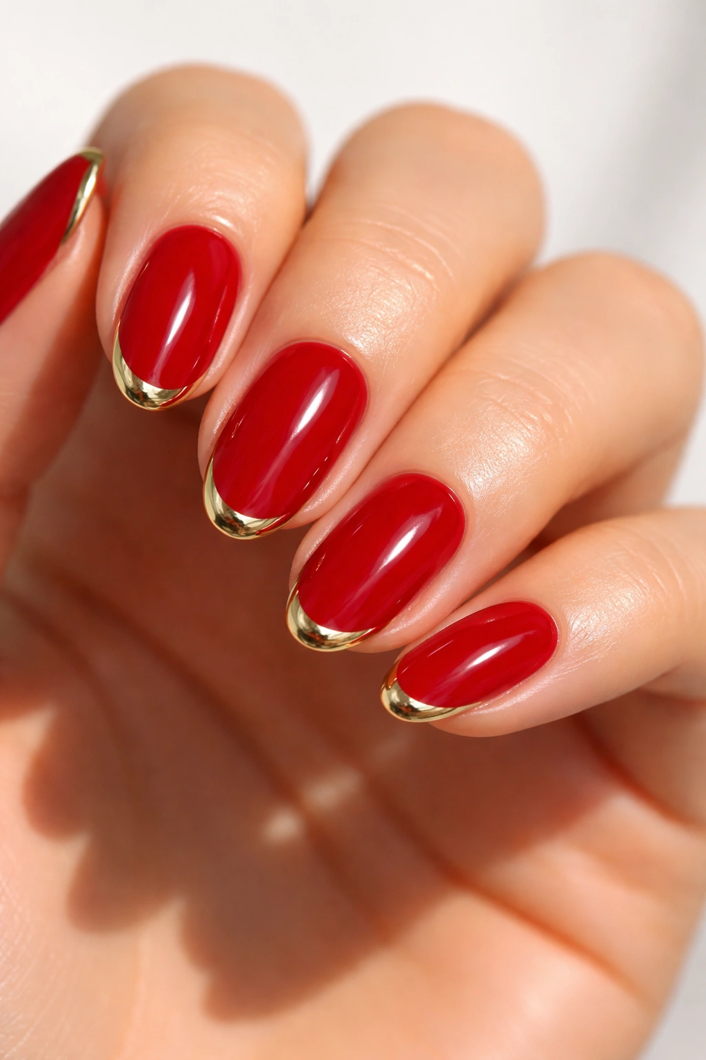 Red almond nails with thin gold chrome tips along the edge.