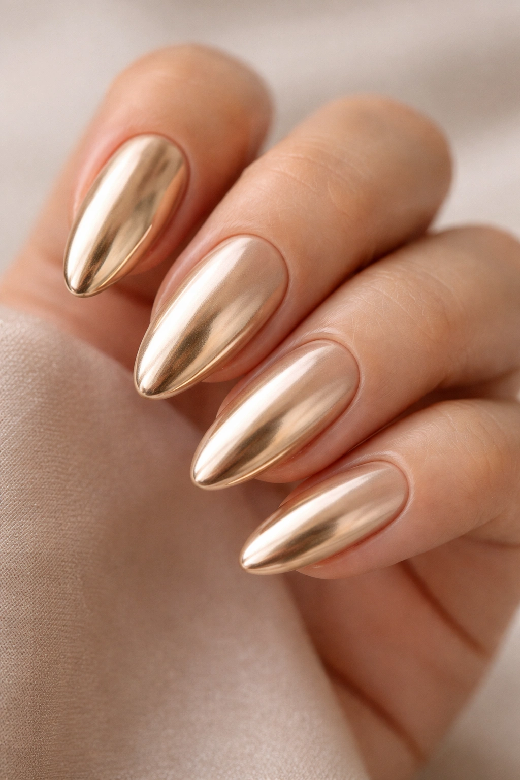Close-up of gold chrome almond nails on nude base with subtle reflections