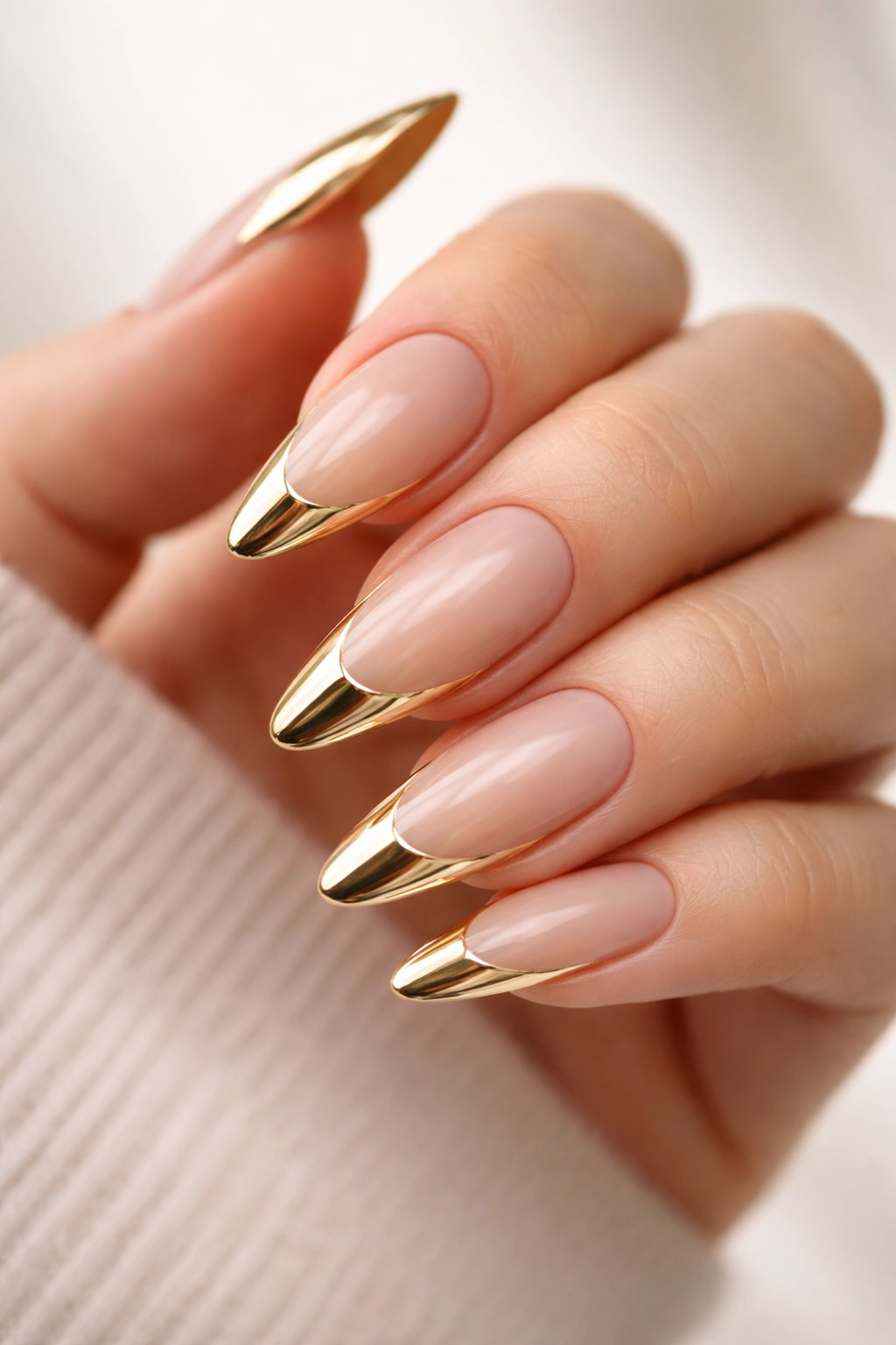 Long almond nails with gold chrome tips in mirror finish