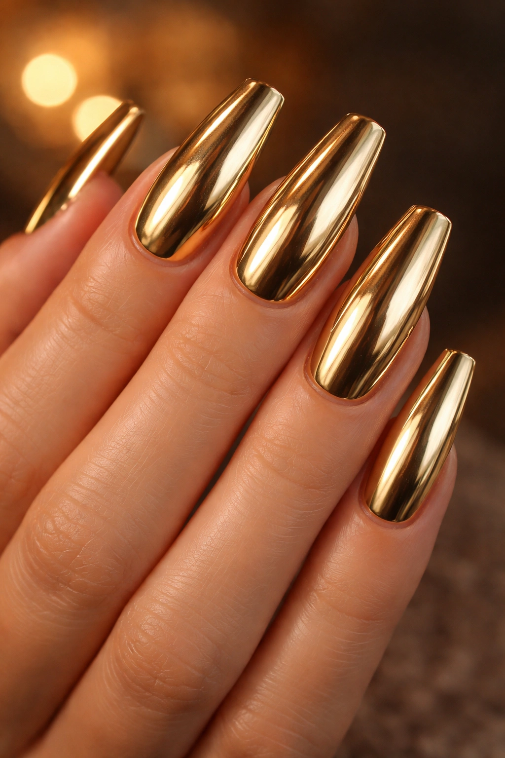Close-up of hand with gold chrome nails and mirror finish.