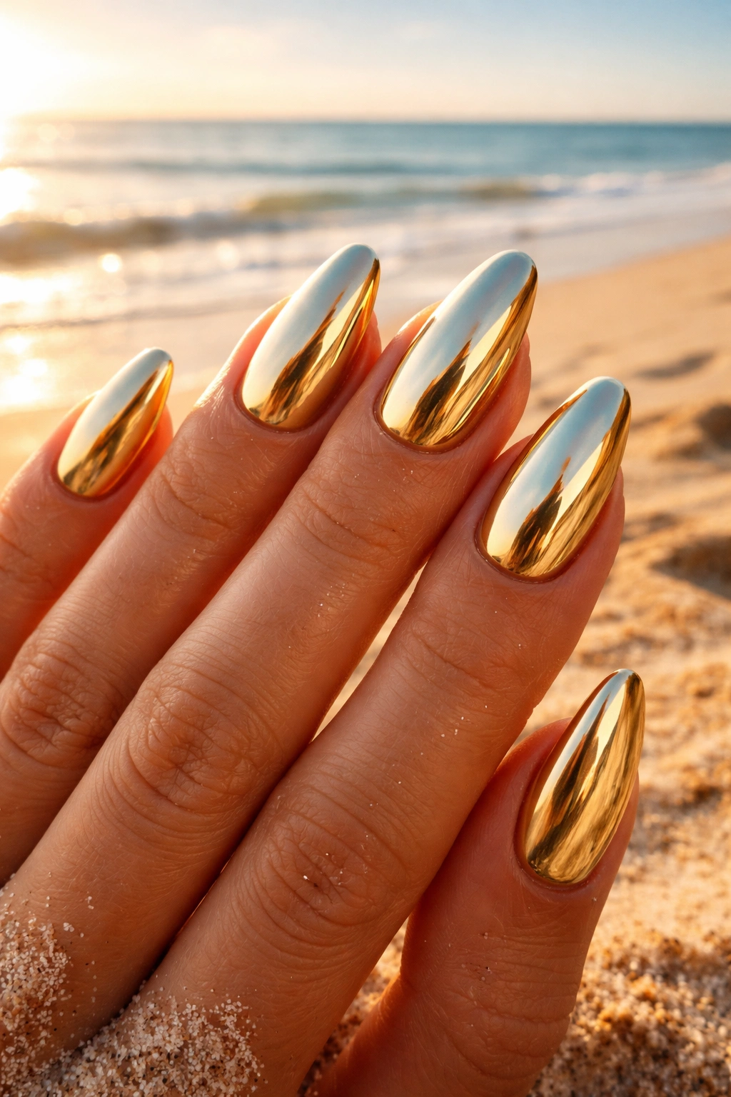 Close-up of gold chrome nails on beach sand with golden hour lighting
