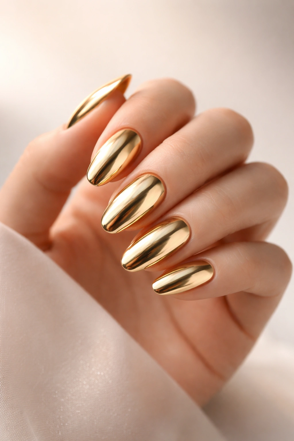 Close-up of a hand with gold chrome nails in a thoughtful pose on a neutral backdrop
