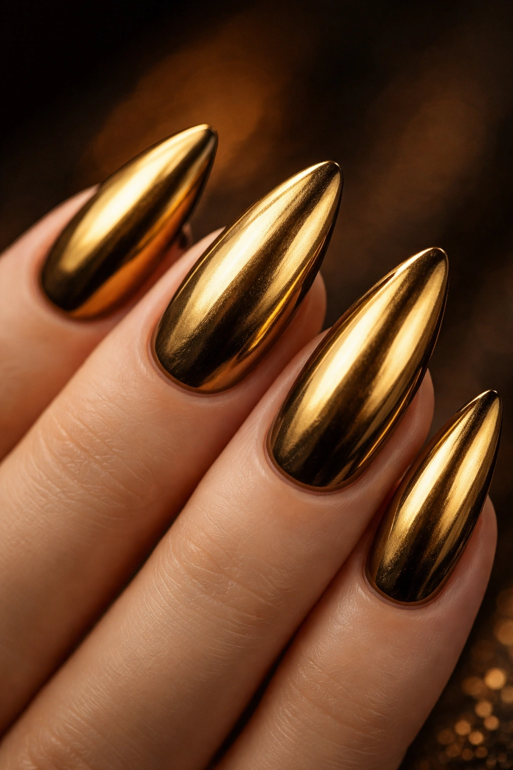 Close-up of gold chrome nails on a dark base.