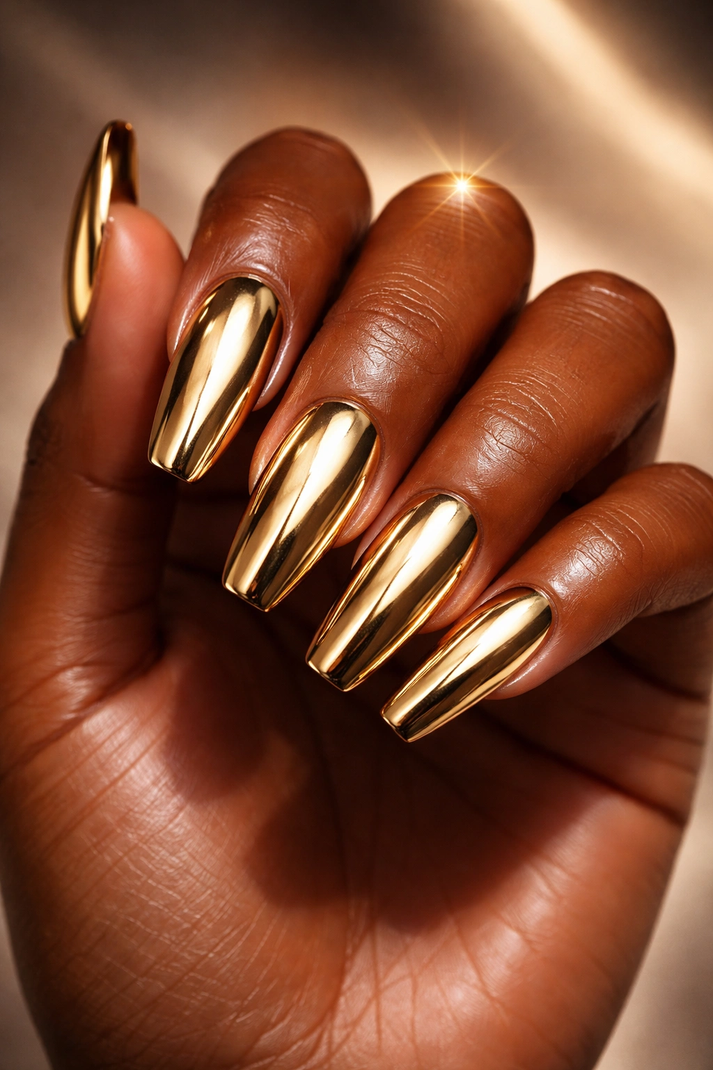 Close-up of a dark-skinned hand with gold chrome nails reflecting light.
