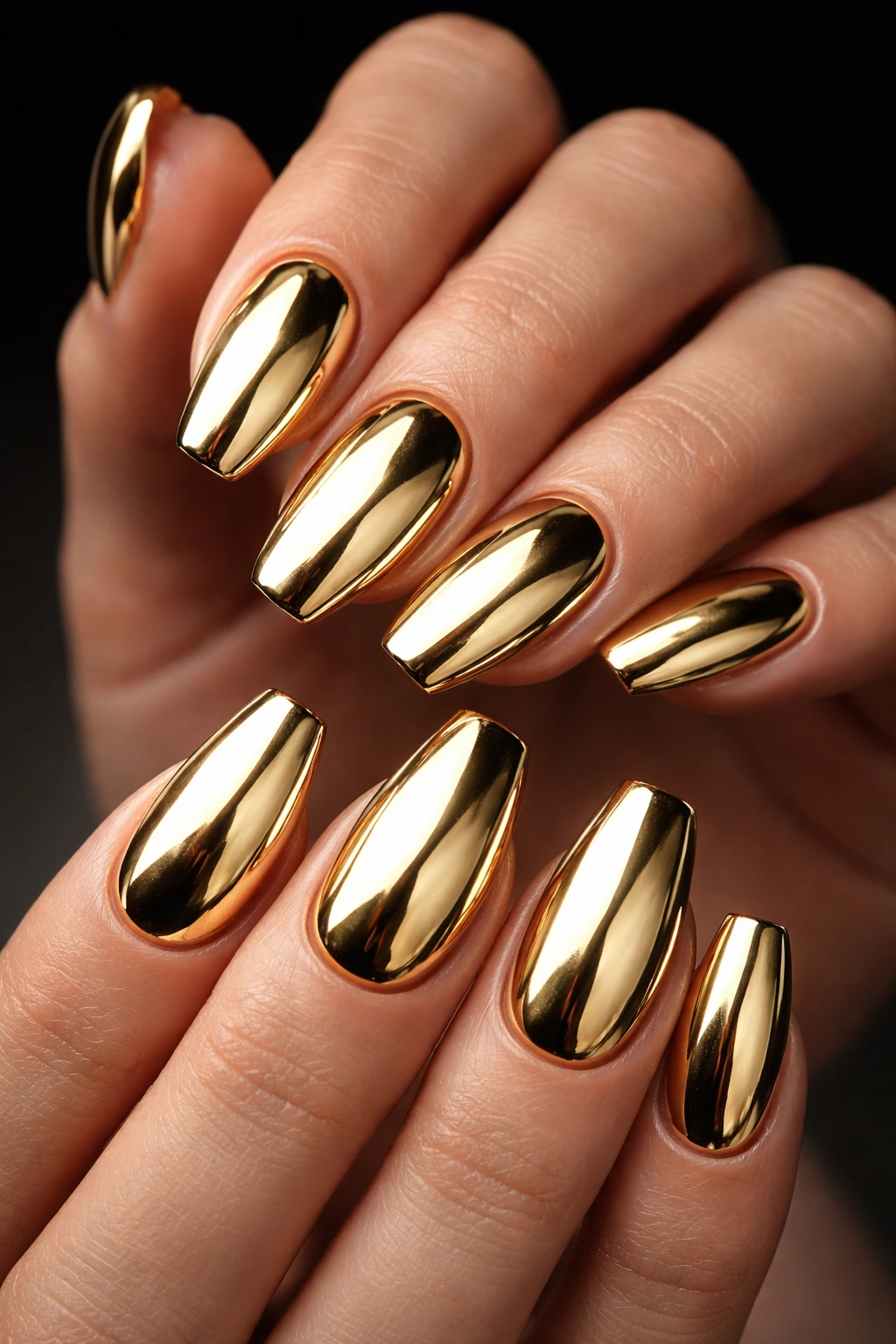 Close-up of hands with full gold chrome nails showing mirror-like reflections