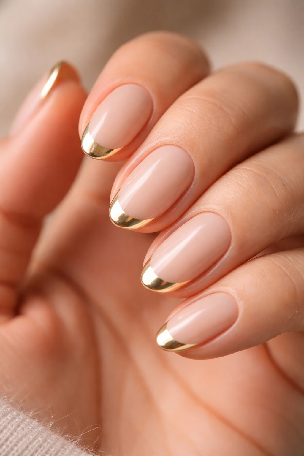 Close-up of short oval nails with champagne gold chrome tip on milky nude base