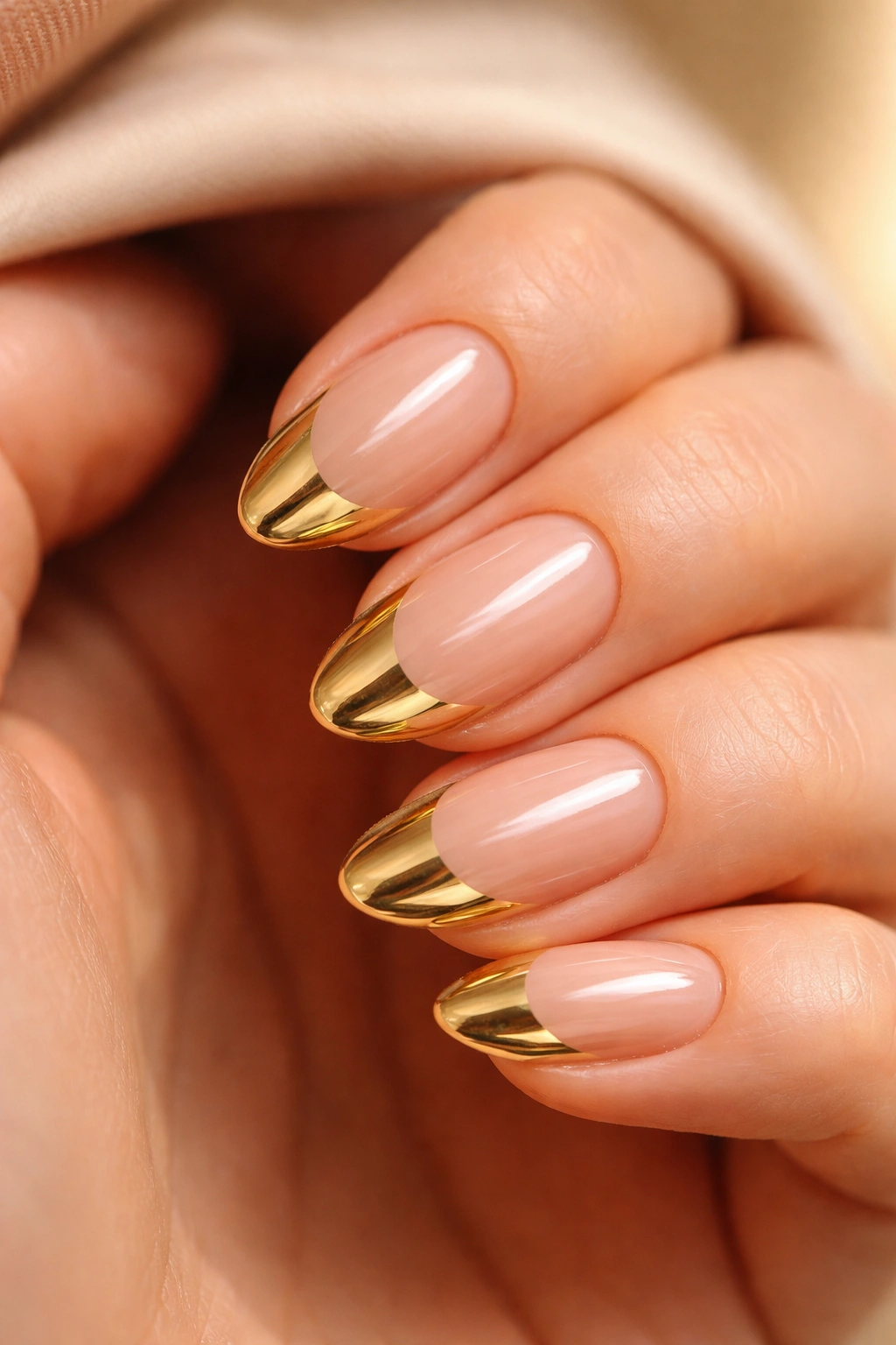 Short almond nails with gold chrome on soft nude base