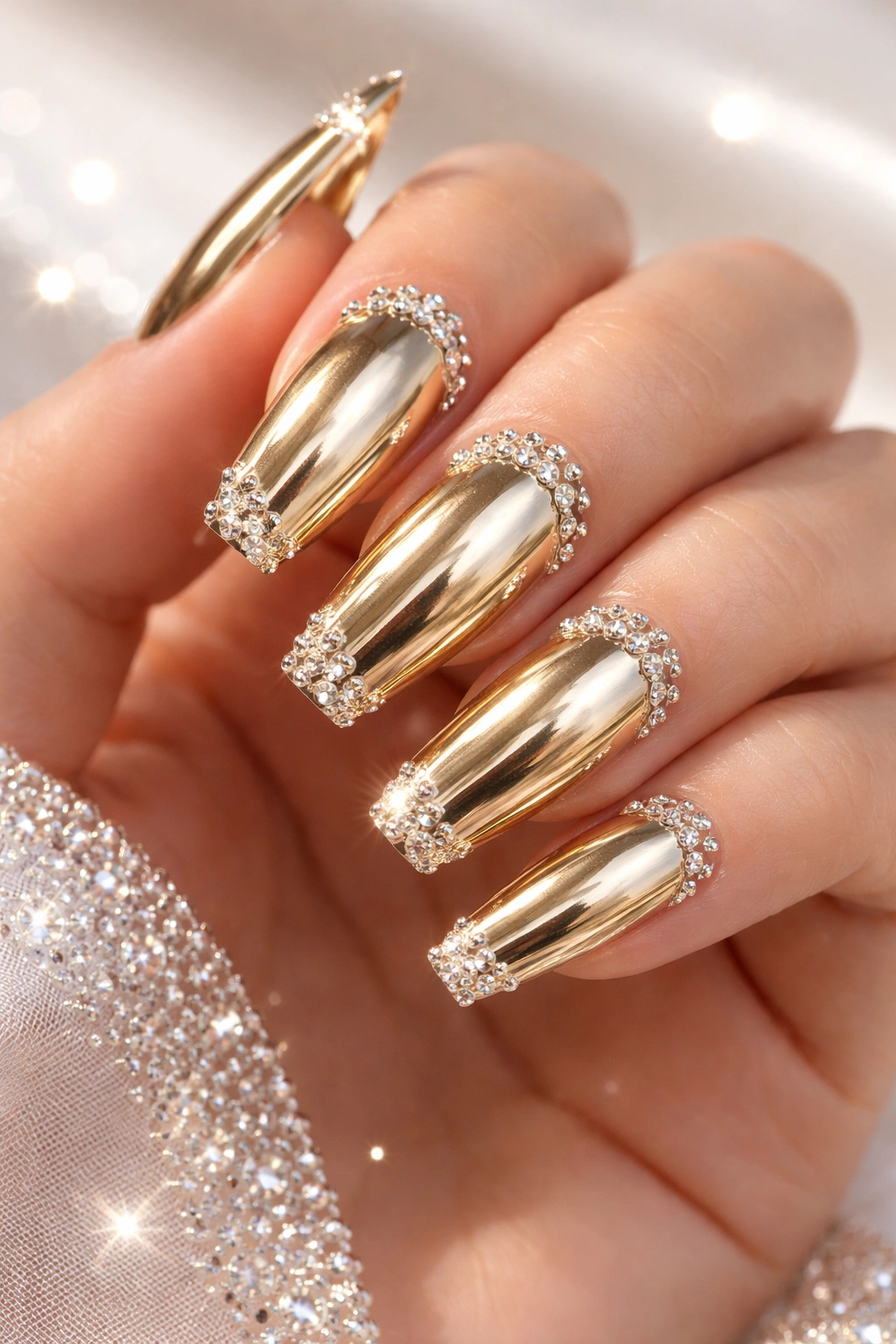 Close-up of gold chrome nails with rhinestones along cuticle and tips