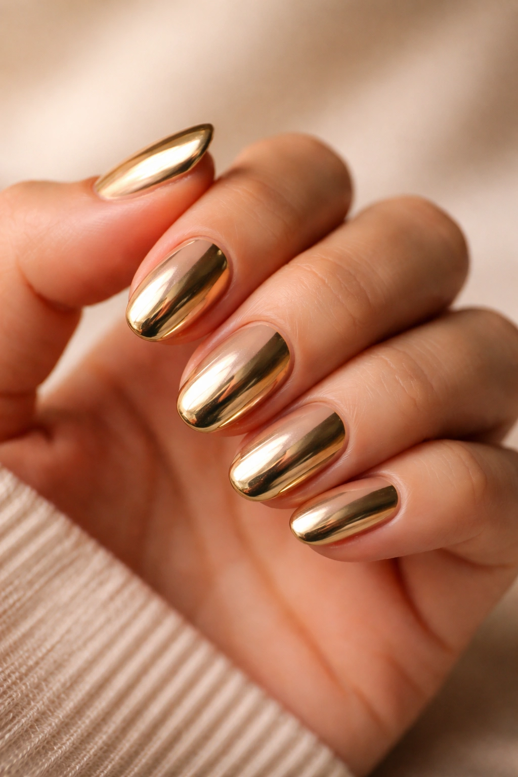 Close-up of short oval nails with gold chrome over warm neutral base
