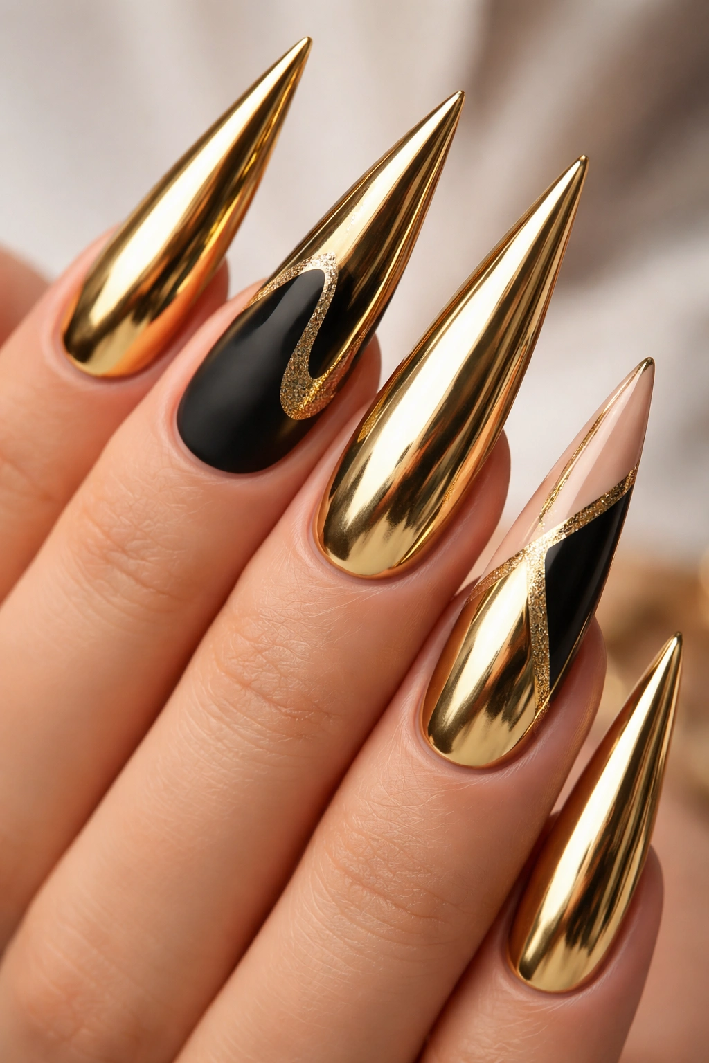 Close-up of gold chrome stilettos nails with accent color nails