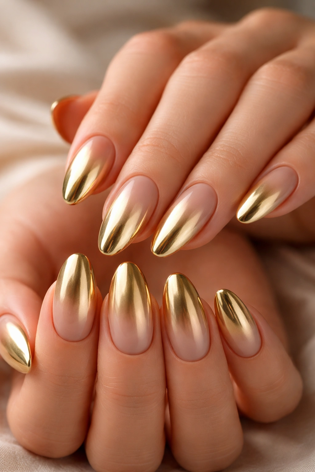 Close-up of gold chrome ombre nails on almond-shaped nails