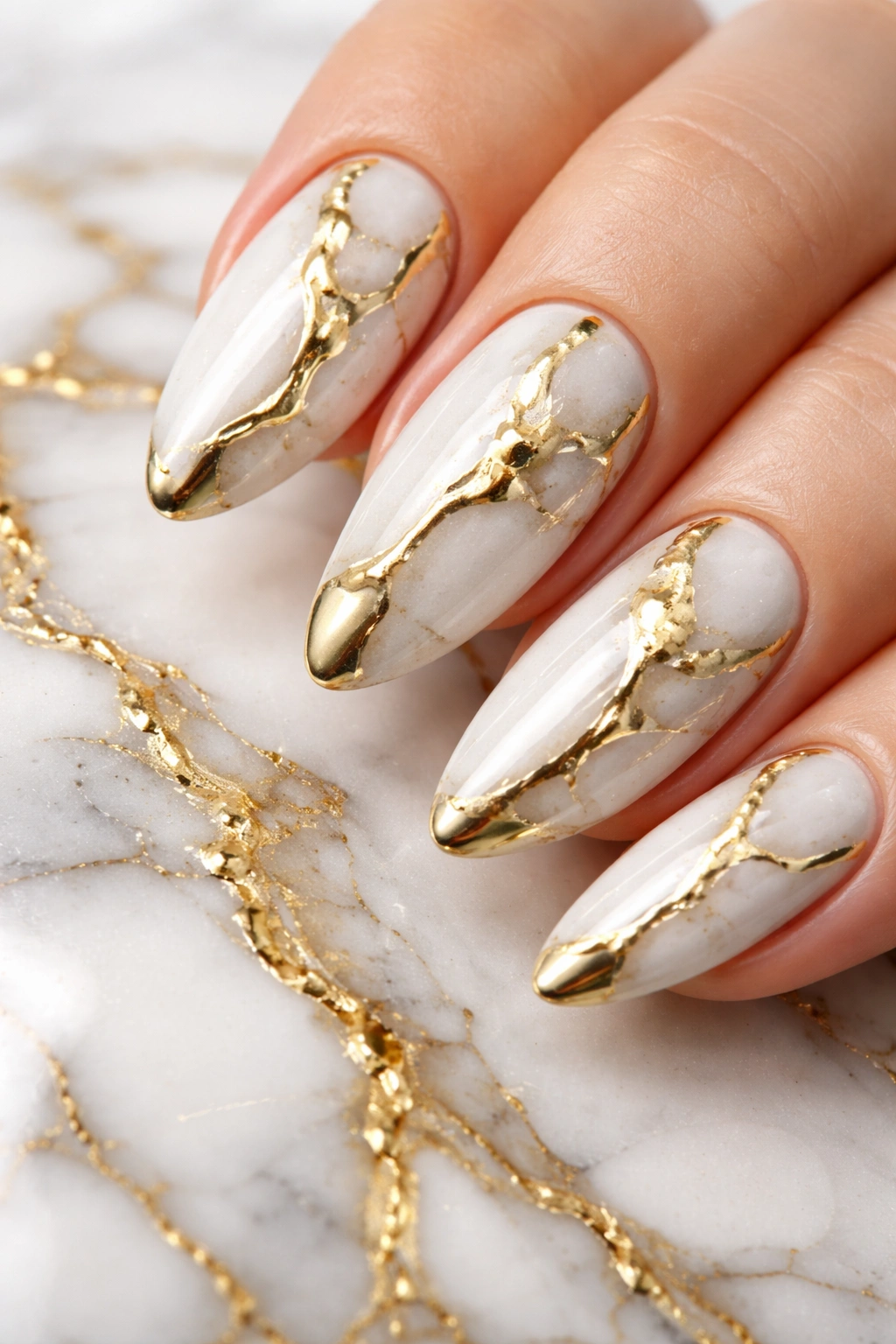 Close-up of marble nails with subtle gold chrome over veining