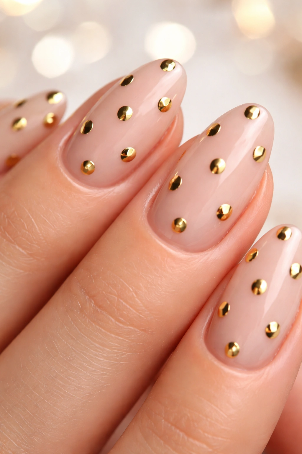 Nude nails with tiny gold chrome polka dots