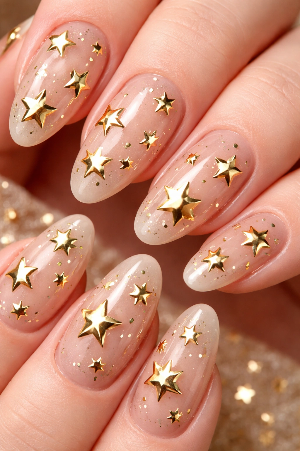 Nail art with gold chrome star shapes on nude nails