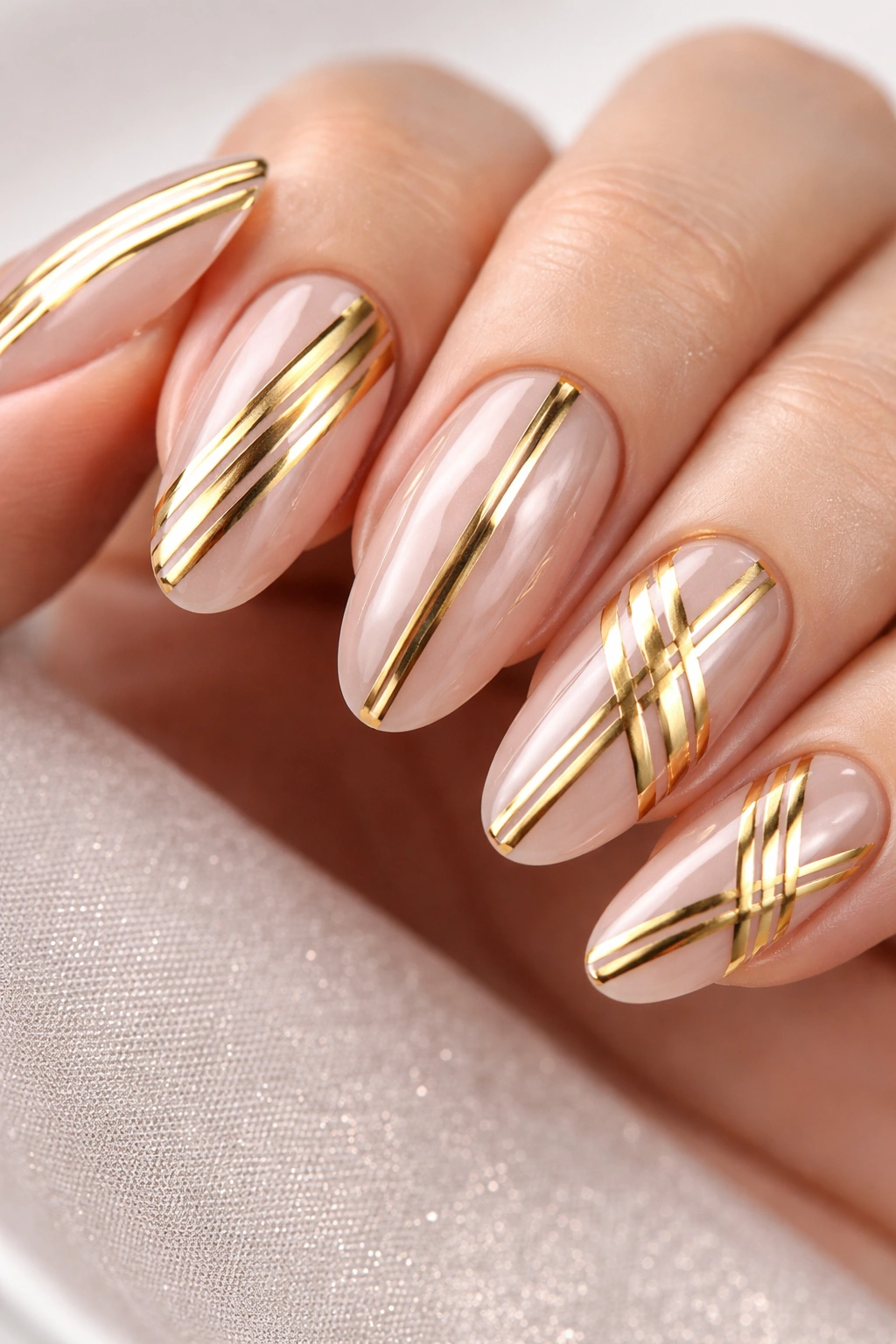 Nails with gold chrome stripes on base color