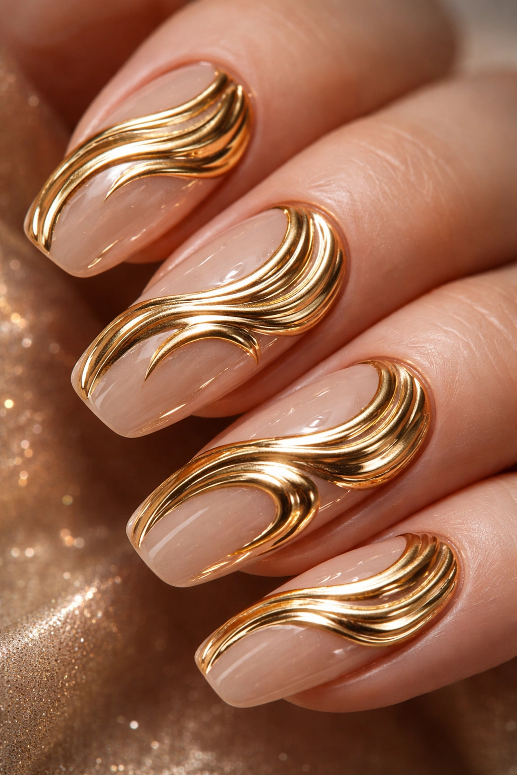 Close-up of raised gold chrome swirls on nails catching light