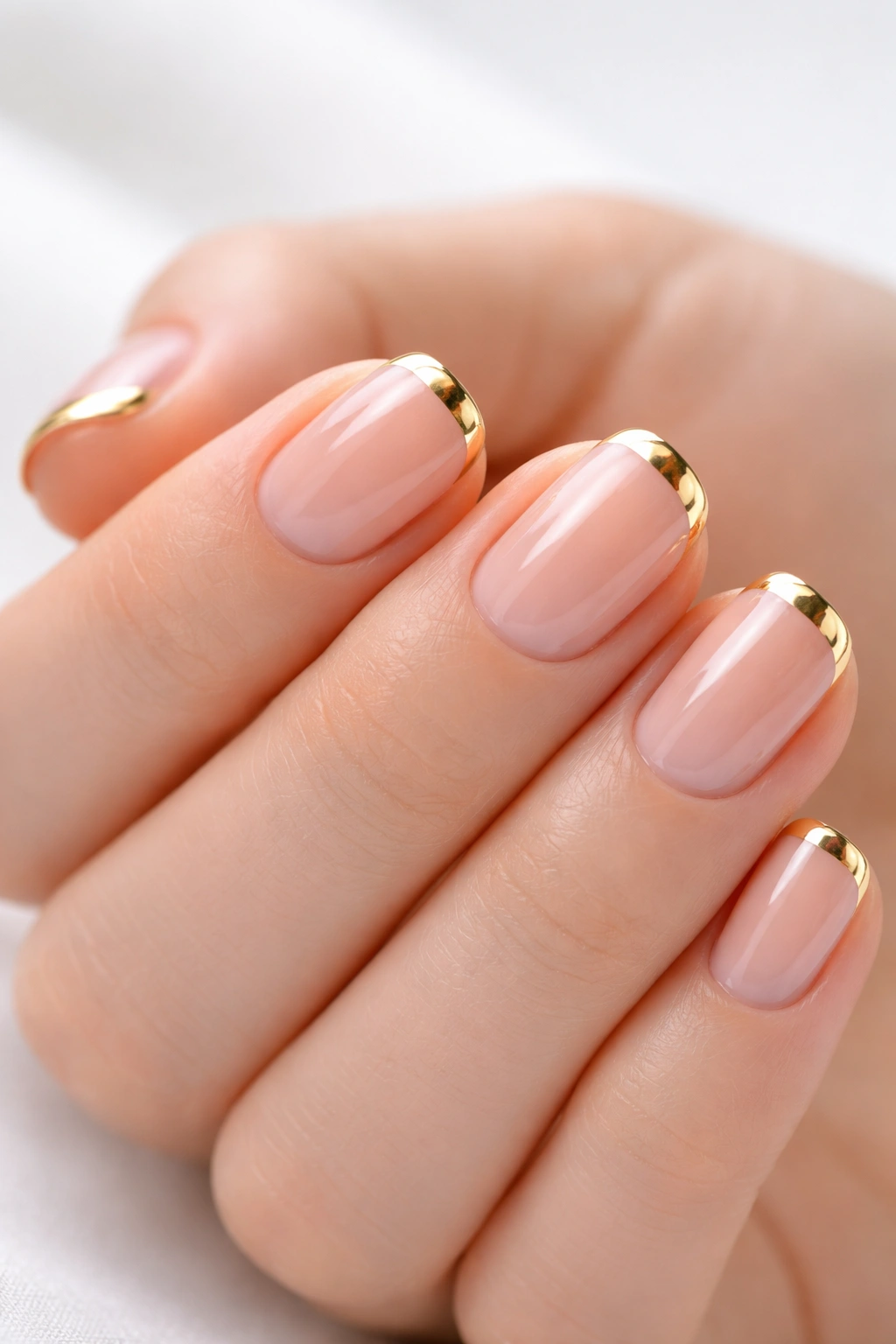 Close-up of short nails with gold chrome tips on a neutral background